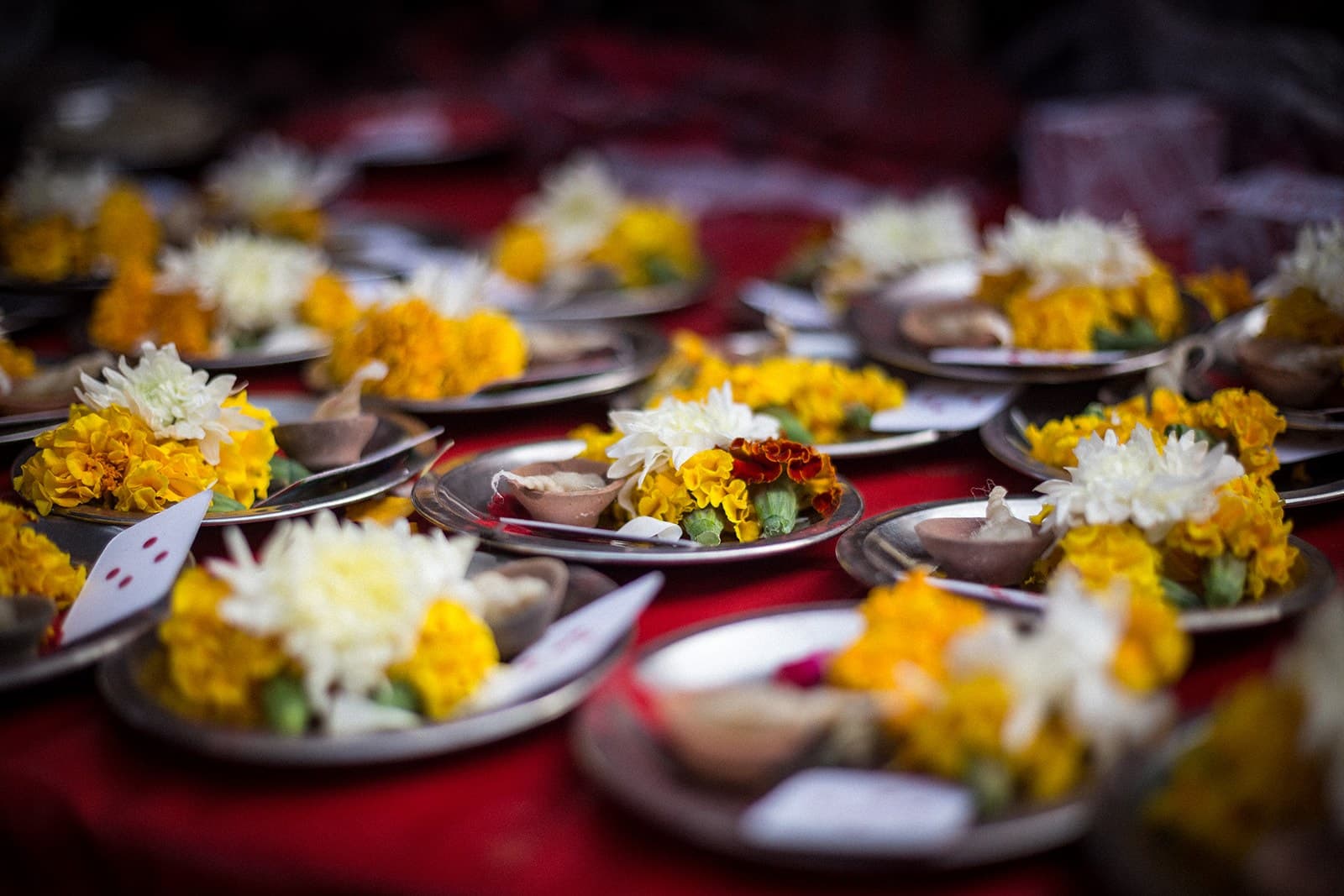 Platos de ofrendas con flores de caléndula